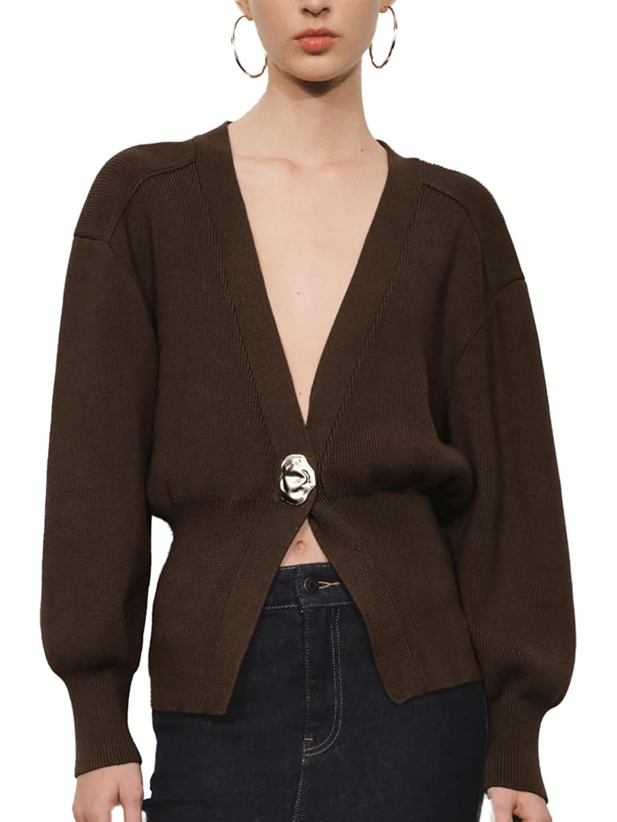 URBAN REVIVO, Urban Revivo Women Knitted Cardigans Long Sleeve V-Neck Lightweight Sweater One Leaf Button Down Outwear Brown, Medium