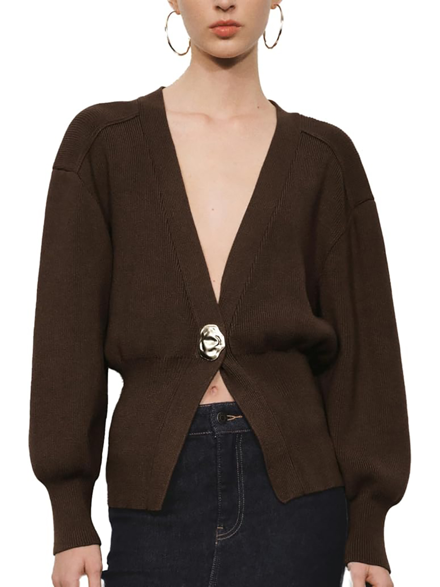 URBAN REVIVO, Urban Revivo Women Knitted Cardigans Long Sleeve V-Neck Lightweight Sweater One Leaf Button Down Outwear Brown, Medium