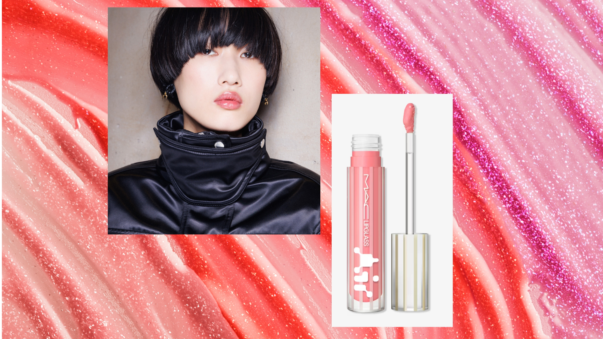 A picture of a tube of lip gloss next to a picture of a model with glossy lips.