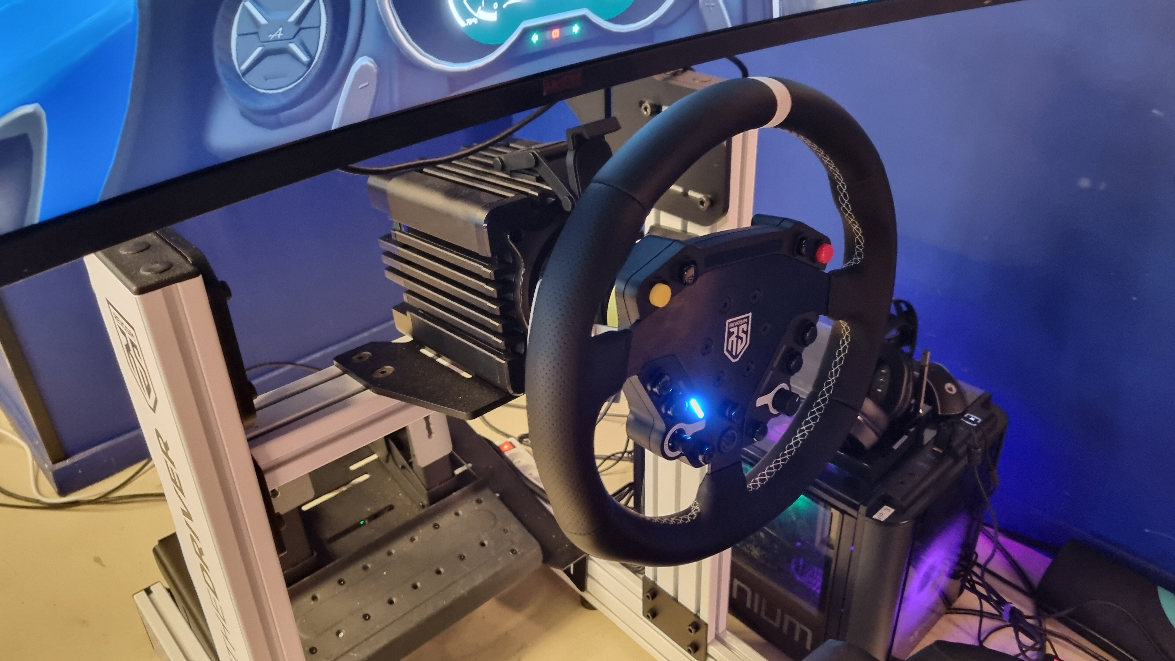 The Revosim RS Pure wheelbase attached to a sim rig.