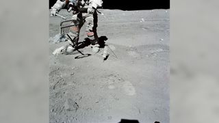 Astronaut John W. Young gathers samples during the third and final Apollo 16 lunar landing mission's extravehicular activity.