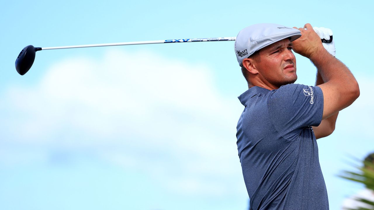 Bryson DeChambeau holds his finish on a shot