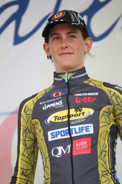 An happy winner - Maaike Polspoel (Topsport Vlaanderen 2012) on the podium