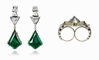 Ara Vartanian yellow gold, white diamond and emerald hook earrings