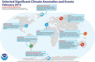 Selected climate anomalies seen in February 2015 across the globe.