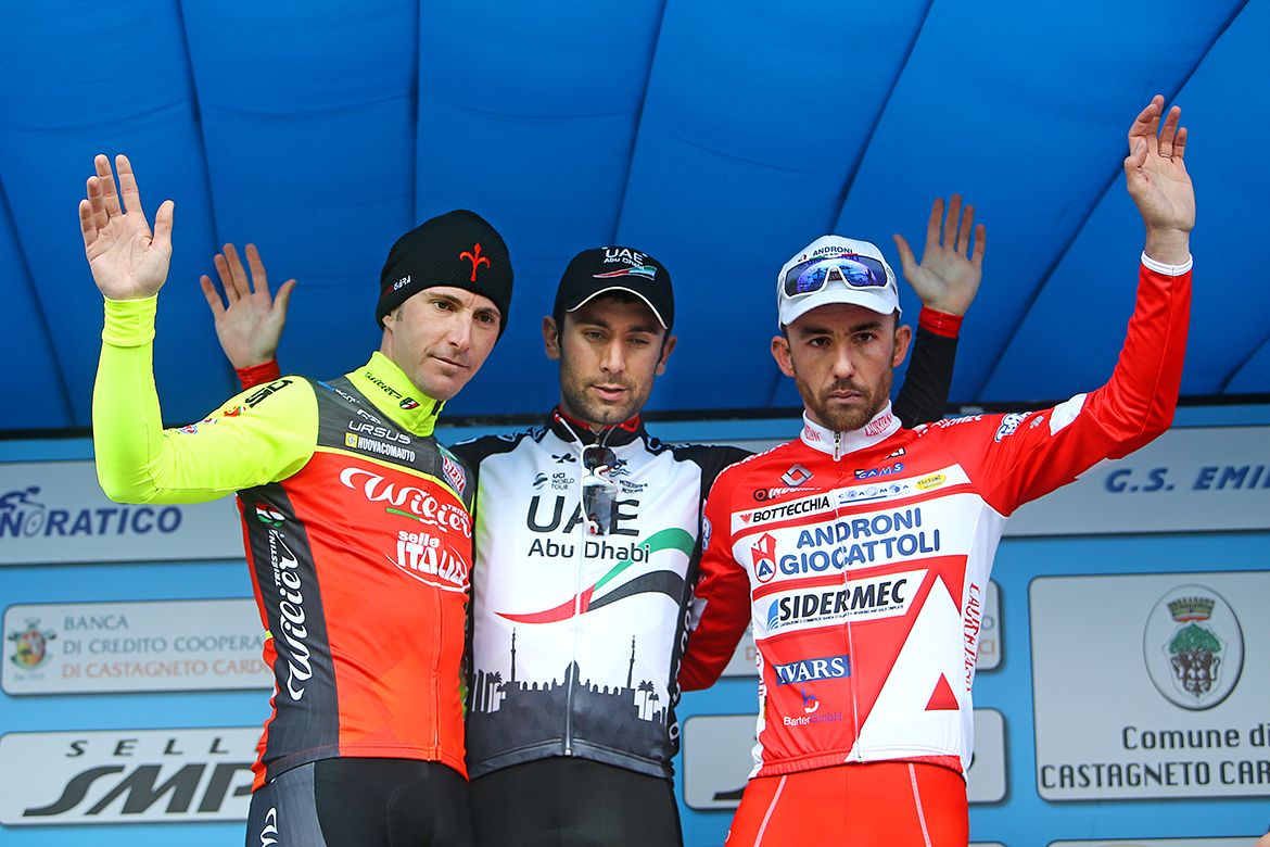 Winner Diego Ulissi, runner-up Manuel Belletti and third-placed Francesco Gavazzi atop the podium at the G.P. Costa degli Etruschi