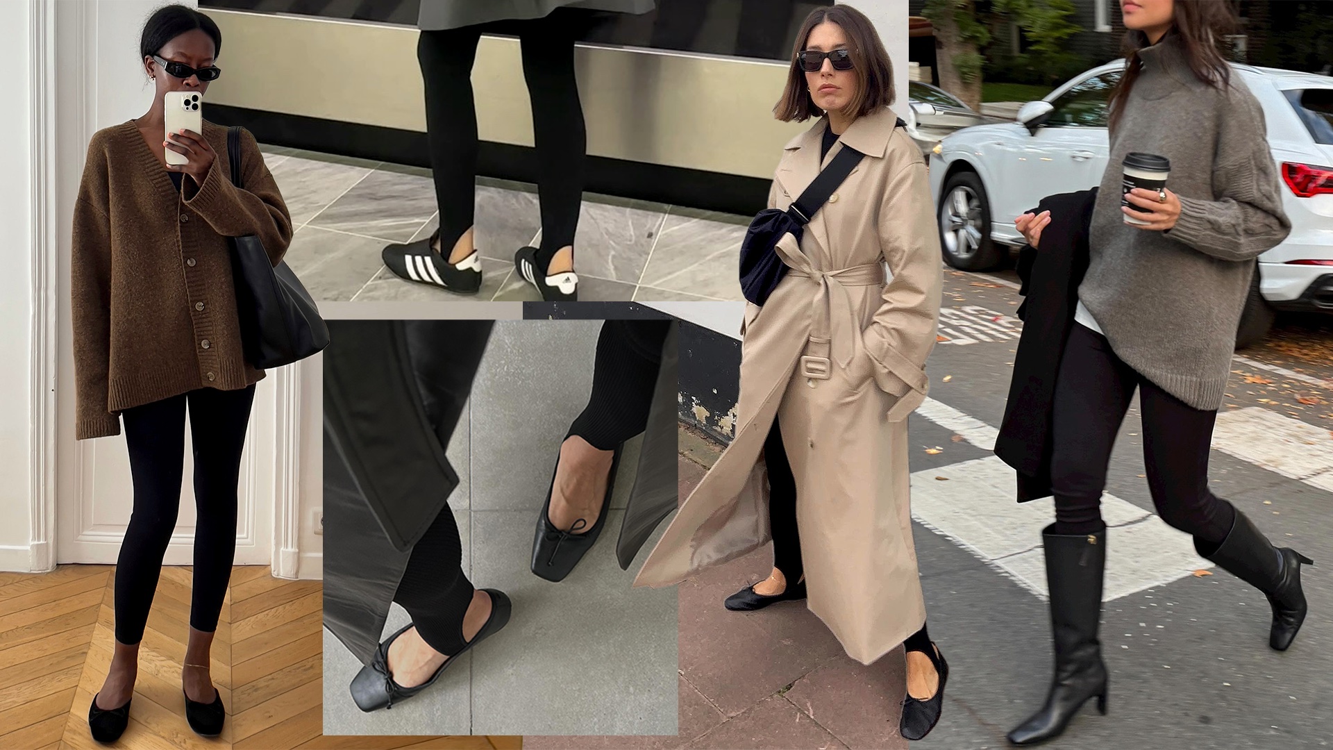 fashion collage featuring five chic fall outfit ideas with black leggings from influencers like Sylvie Mus, Sidsel Alling, Lucy Alston, and Mimi Nguyen wearing oversize sweaters, trench coats, Adidas sneakers, knee-high boots, and black ballet flats