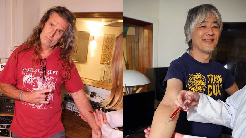 Hard-Ons members Raymond Ahn and Peter ‘Blackie’ Black have their blood taken