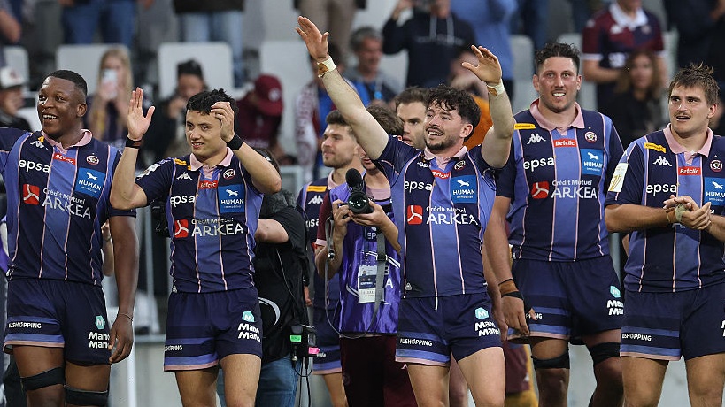 Bordeaux Begles players celebrate after their victory during the Investec Champions Cup semi final match against Bath. 