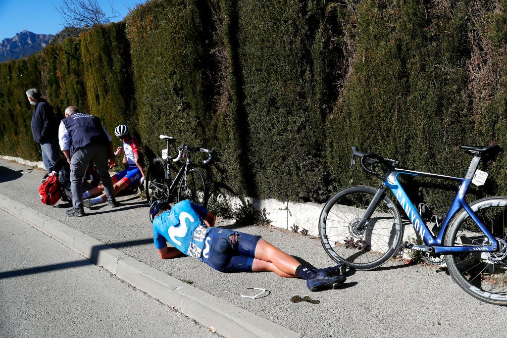 LEVENS FRANCE MARCH 14 Sebastian Mora Vedri of Spain and Movistar Team David Gaudu of France and Team Groupama FDJ during the 79th Paris Nice 2021 Stage 8 a 927km stage from Le PlanduVar to Levens 518m Crash Injury Stage itinerary redesigned due to COVID19 lockdown imposed in the city of Nice ParisNice on March 14 2021 in Levens France Photo by Bas CzerwinskiGetty Images
