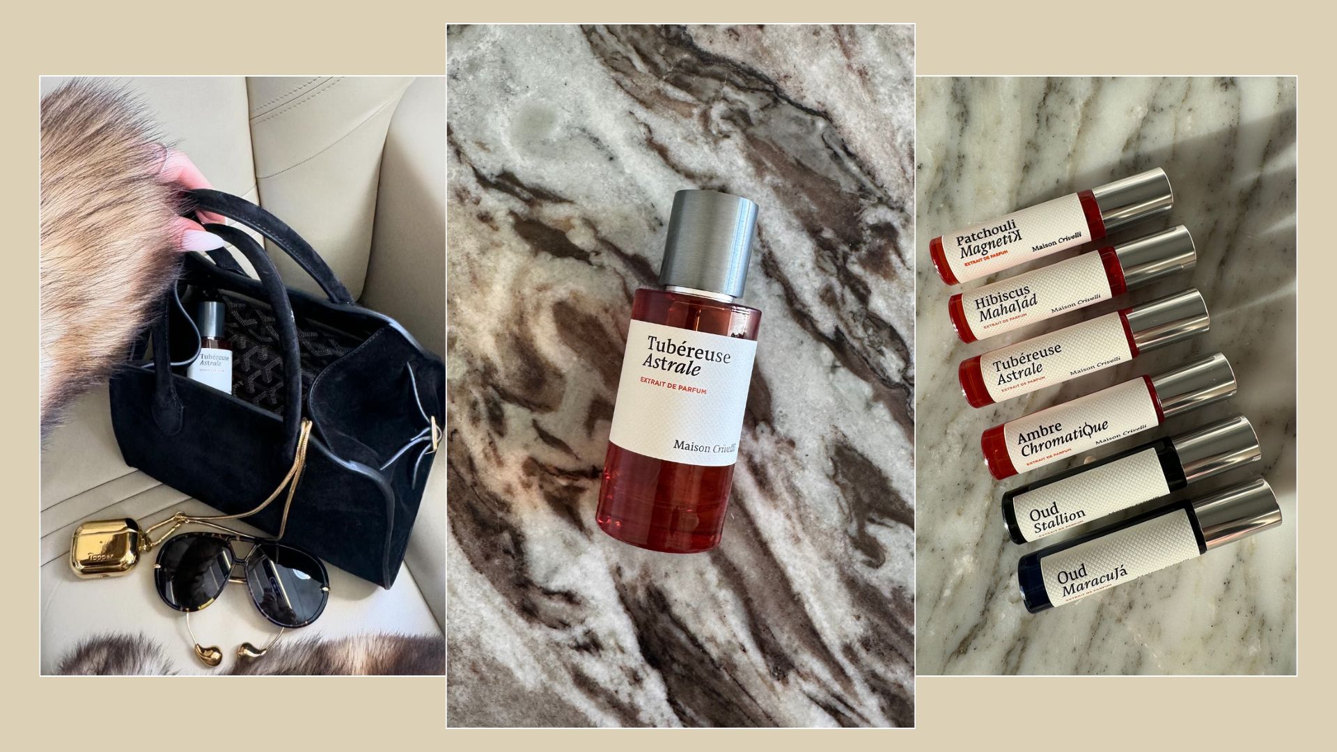 A collage with pictures of Maison Crivelli perfume bottles and travel sized vials