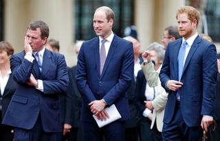 Peter Phillips, Prince William, Duke of Cambridge and Prince Harry attend 'The Patron's Lunch' celebrations to mark Queen Elizabeth II's 90th birthday