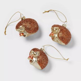 3pc Glittered Hedgehog Mini Christmas Tree Ornament Set against a gray background. 