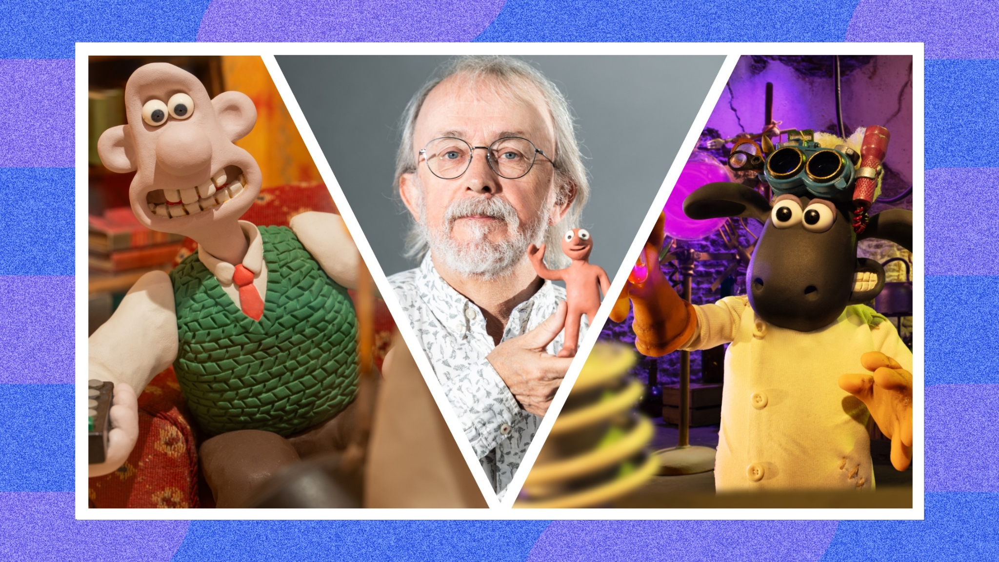 Sir Peter Lord of Aardman, alongside Wallace, Morph and Shaun the Sheep characters