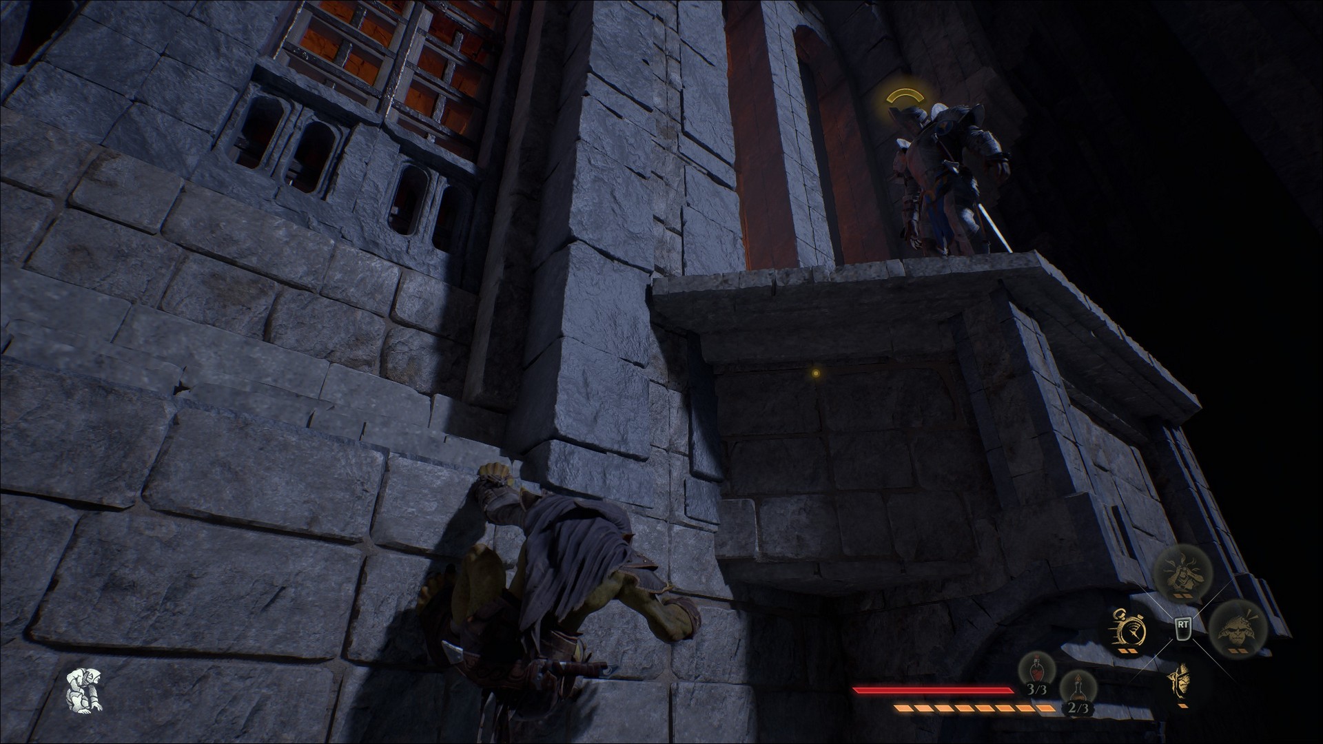 A guard in armor is close to spotting Styx in Styx: Blades of Greed, who is hanging off a stone window ledge near a balcony