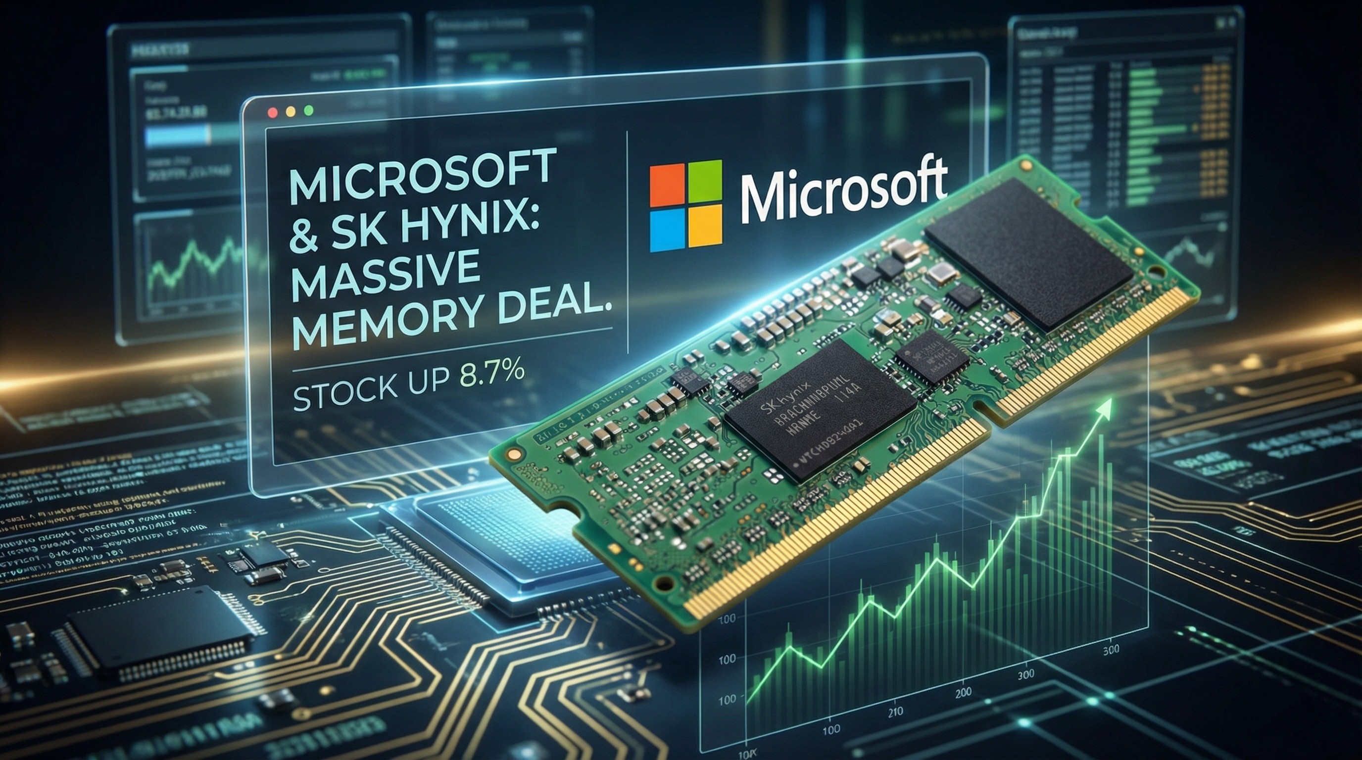Mockup of SK Hynix memory module and Microsoft logo