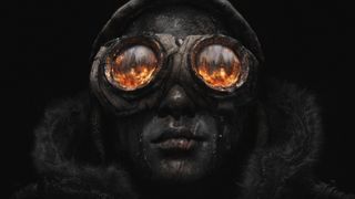 A face covered with oil and reflection of fire in goggles