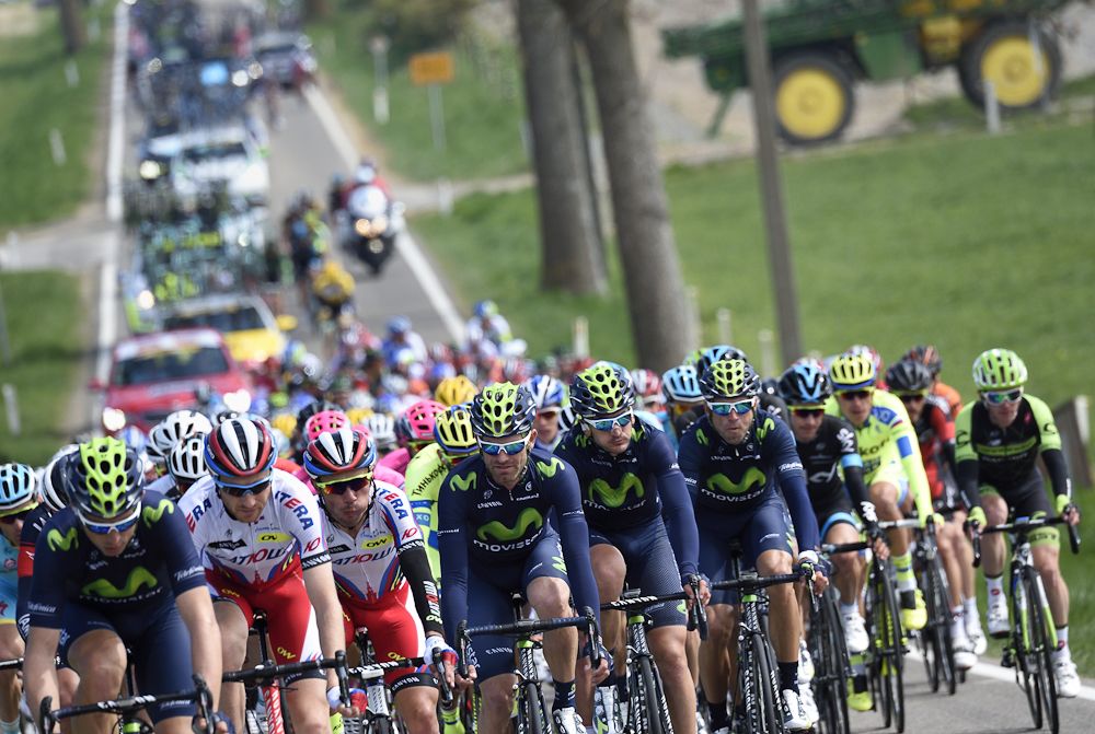 The pack rides during the 2015 La Fleche Wallonne. For the second year in a row and third in total, Alejandro Valverde (Movistar) triumphed atop the brutal Mur de Huy climb to win.