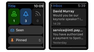 Spark interface on two Apple Watch screens
