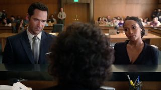 Manuel Garcia-Rulfo as Mickey Haller and Yaya DaCosta as Andrea Freeman talking to the judge in The Lincoln Lawyer season 2 episode 8