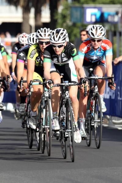 Tiffany Cromwell (GreenEDGE) at the front of the bunch.