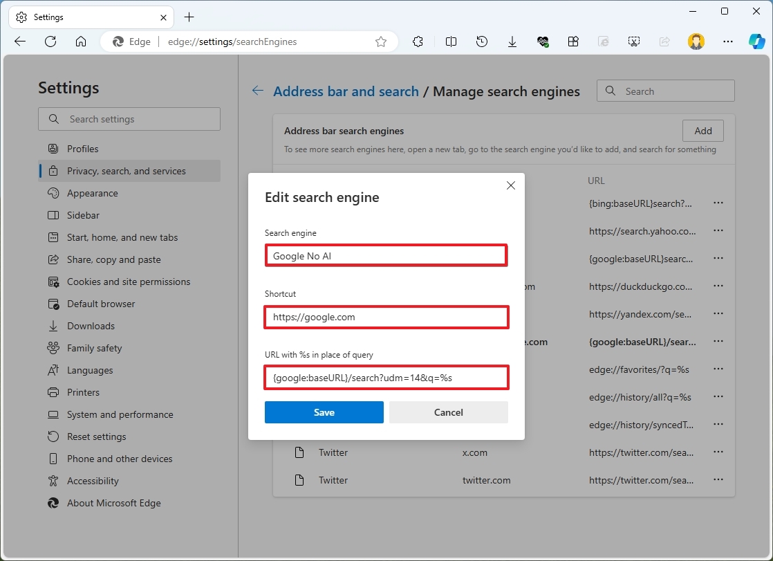 Edge new search engine setup