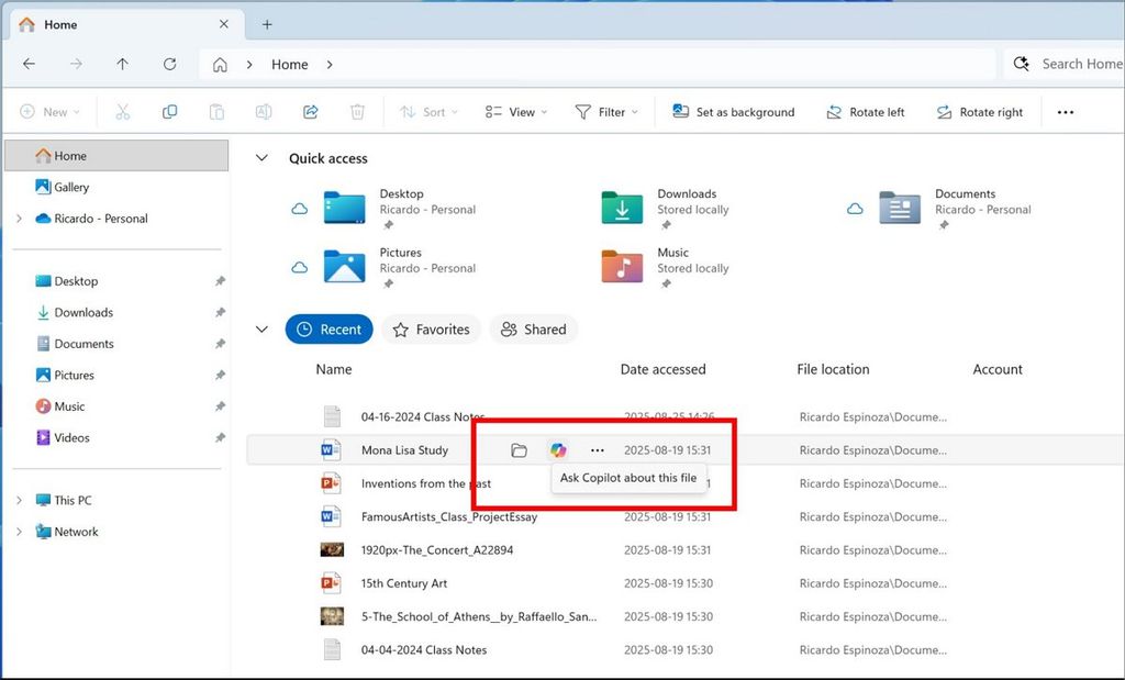 File Explorer Home hover menu