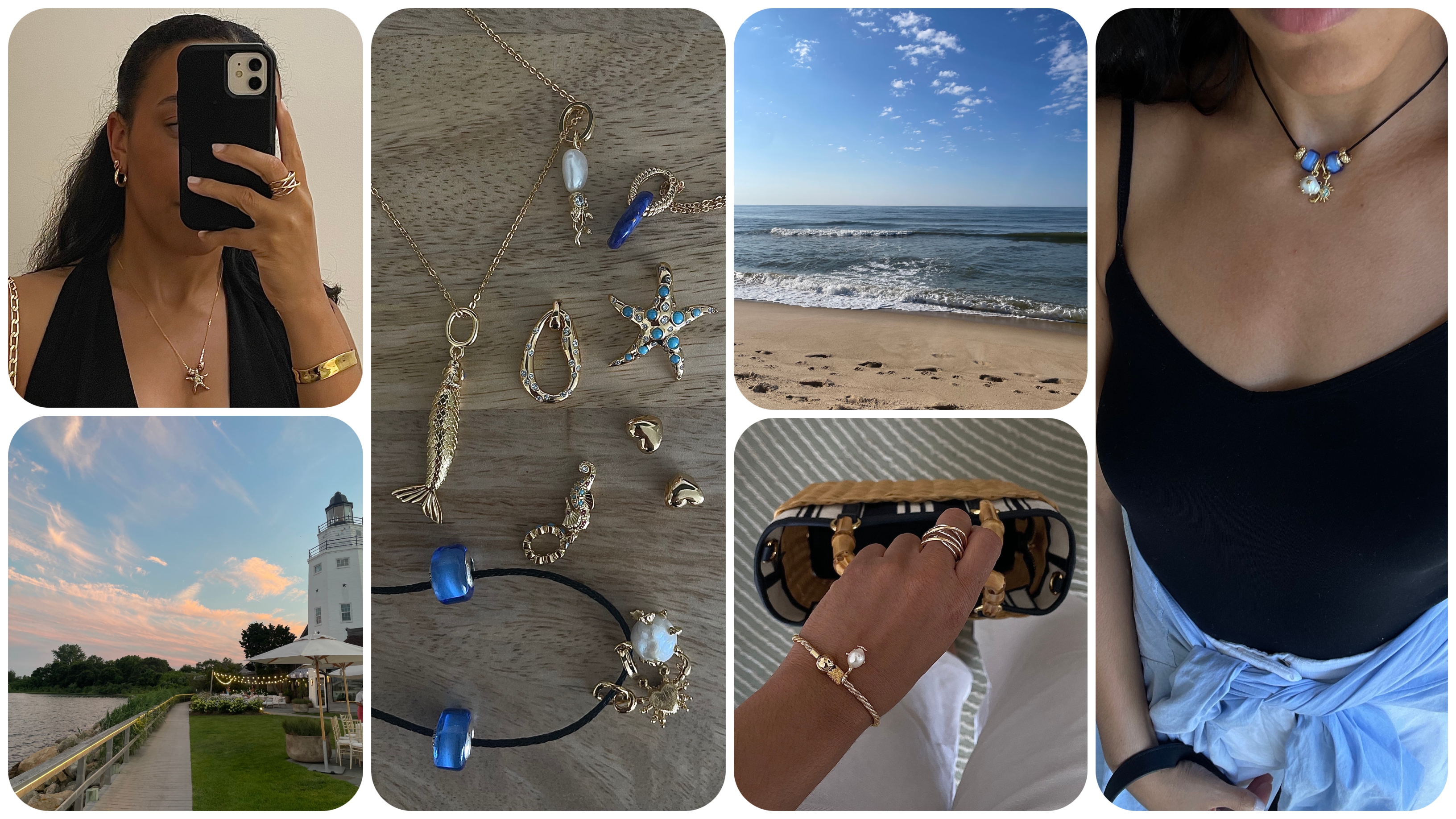 Lauren Tappan wearing Pandora jewelry, a picture of a sunset, a picture of a lighthouse 