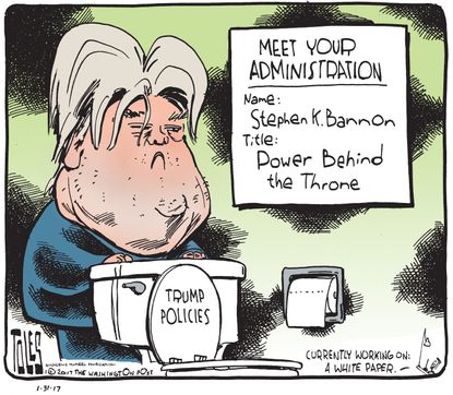 Political Cartoon U.S. Stephen Bannon behind Trump policies