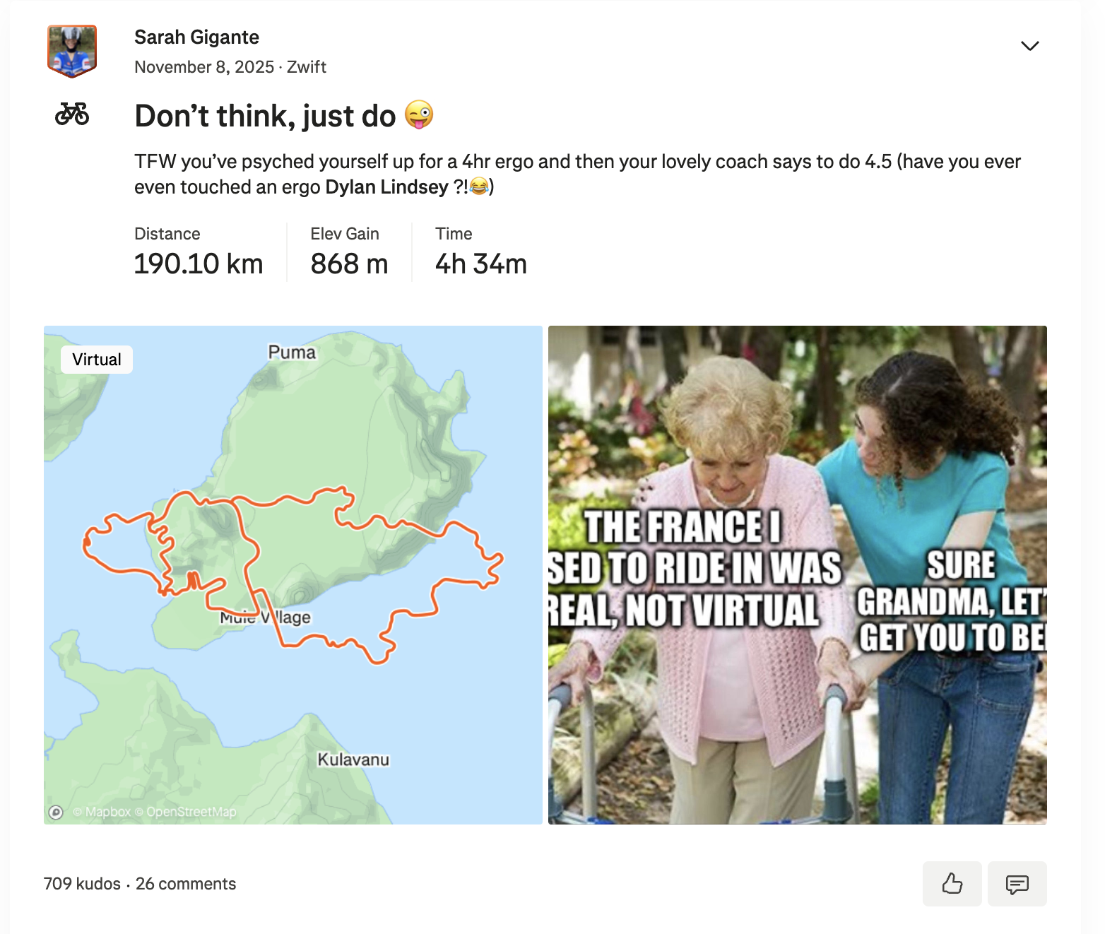 A screenshot of a Strava post by Sarah Gigante