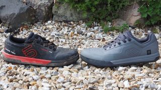 Two MTB flat shoes facing each other outdoors