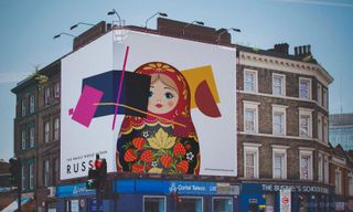 Russian tourism billboard with matryoshka doll