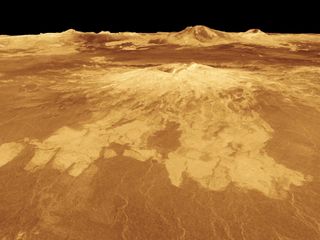 This computer-generated view of the surface of Venus shows lava flows from the volcano Sapas Mons that extend hundreds of miles across fractured plains.