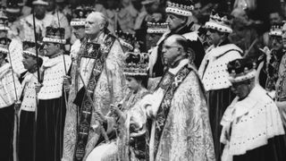 Queen Elizabeth II seated upon the throne at her coronation in Westminster Abbey