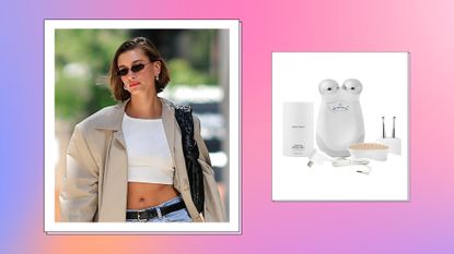 Hailey Bieber pictured alongside the NuFace toning face tool for an Amazon Prime Day 'Hailey Bieber beauty staples' piece/ in a pink, purple, orange and blue gradient template