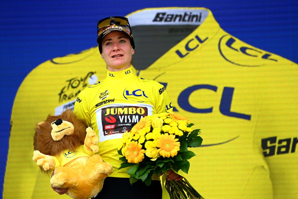 SAINTDIDESVOSGES FRANCE JULY 28 Marianne Vos of Netherlands and Jumbo Visma Women Team Yellow Leader Jersey celebrates at podium during the 1st Tour de France Femmes 2022 Stage 5 a 1756km stage from BarleDuc to SaintDidesVosges TDFF UCIWWT on July 28 2022 in SaintDidesVosges France Photo by Tim de WaeleGetty Images