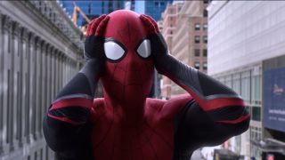 A screenshot of the opening scene in Spider-Man: No Way Home, with Spider-Man holding his head in his hands
