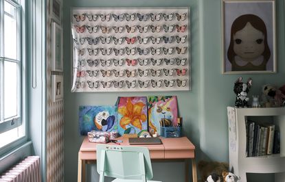 kids room with desk and artwork of butterflies