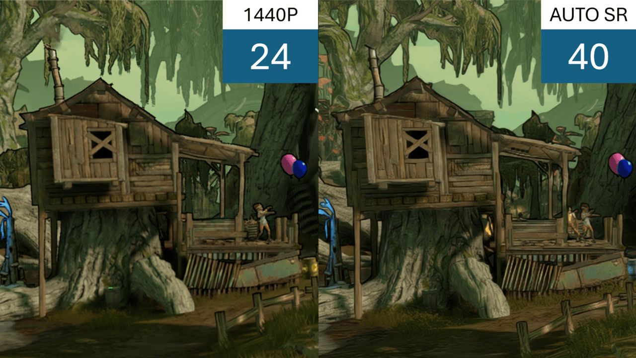 Comparison screenshots of Borderlands 3, showing the difference between native rendering and the use of Microsoft Automatic Super Resolution