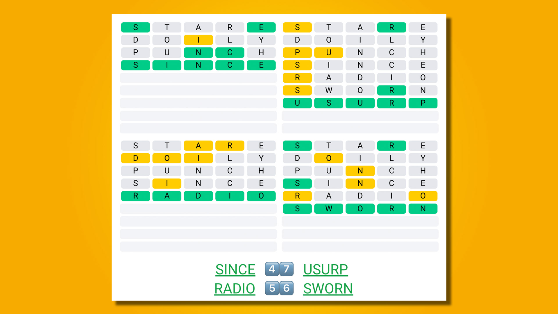 Quordle 415 answers on a yellow background