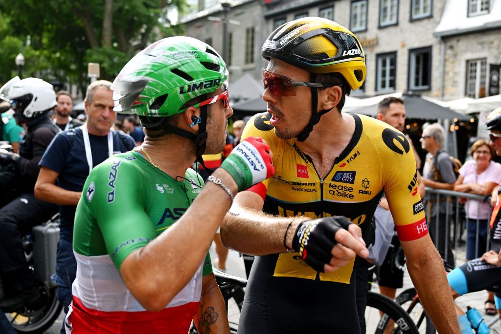 QUEBEC CITY QUEBEC SEPTEMBER 08 LR Simone Velasco of Italy and Astana Qazaqstan Team and Christophe Laporte of France and Team JumboVisma react after the 12th Grand Prix Cycliste de Qubec 2023 a 2016km one day race from Quebec to Quebec 92m UCIWT on September 08 2023 in Quebec City Quebec Photo by Dario BelingheriGetty Images