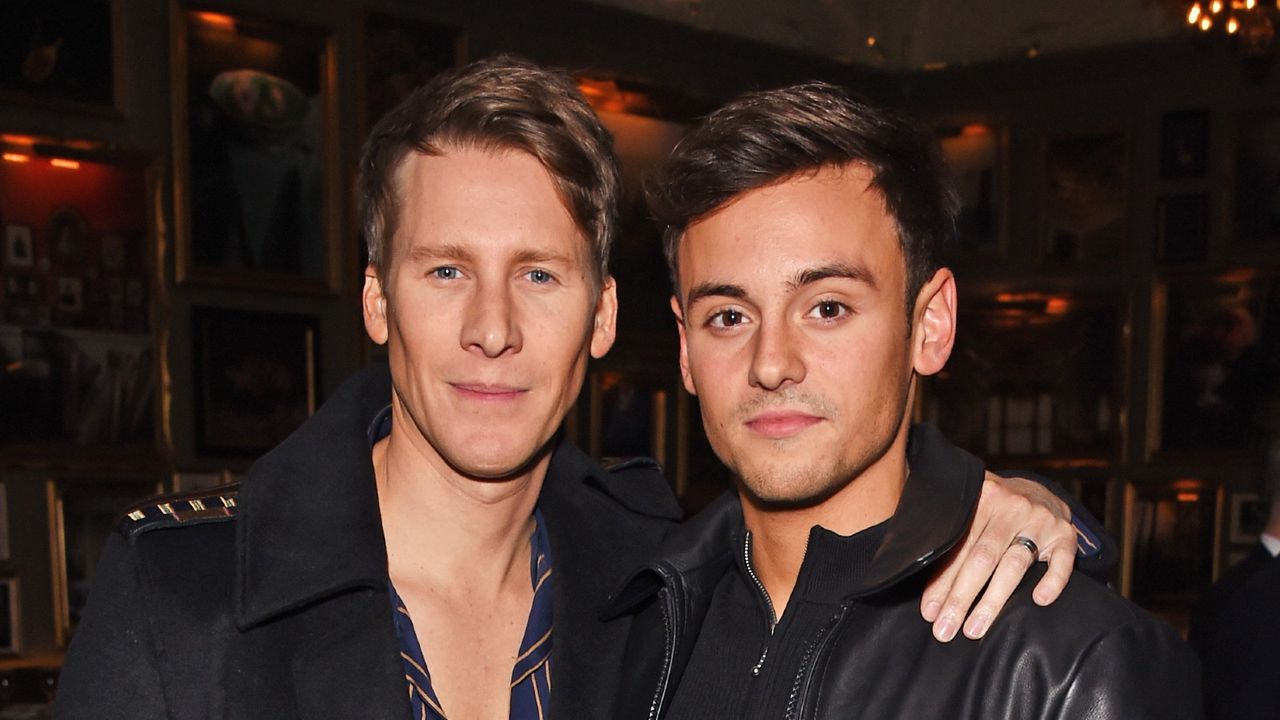 LONDON, ENGLAND - JANUARY 08: Dustin Lance Black (L) and Tom Daley attend the GQ London Fashion Week Men&#039;s 2018 closing dinner hosted by Dylan Jones and Rita Ora at Berners Tavern on January 8, 2018 in London, England. (Photo by David M. Benett/Dave Benett/Getty Images)