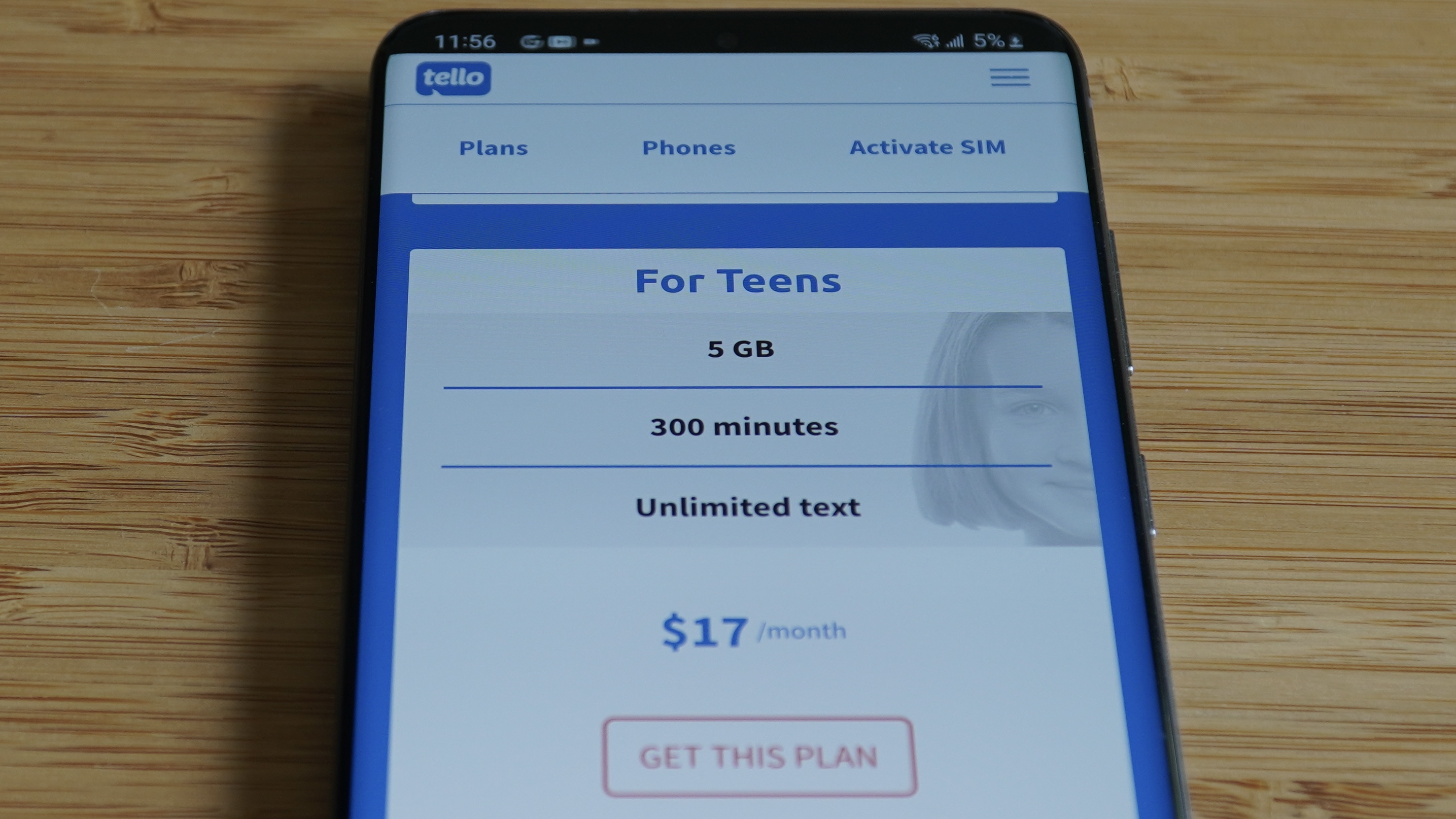 Tello Mobile 5GB teen plan in phone web browser