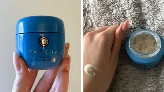 Collage of pics of the Tatcha Indigo Overnight Repair (L-R) Hand holding the product and swatch of the cream on the back of the hand