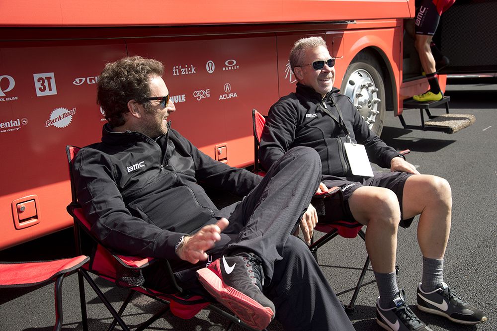 BMC boss Jim Ochowicz relaxing at the team bus