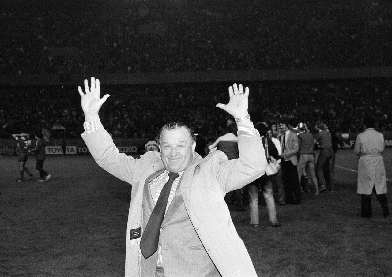 Liverpool manager Bob Paisley raises his hands in celebration following his side's victory over Real Madrid in the 1981 European Cup final at the Parc des Princes in Paris, France