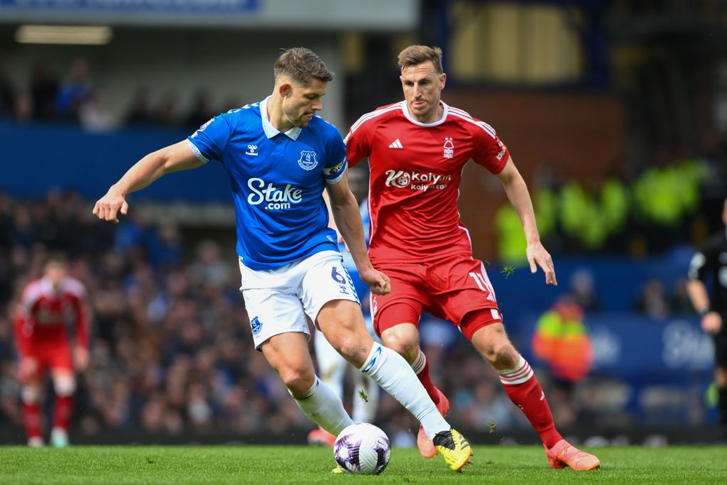 Everton and Nottingham Forest in action in a Premier League match at Goodison Park in April 2024.