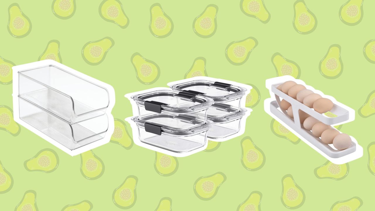 Three fridge organization items on an avocado-patterned background