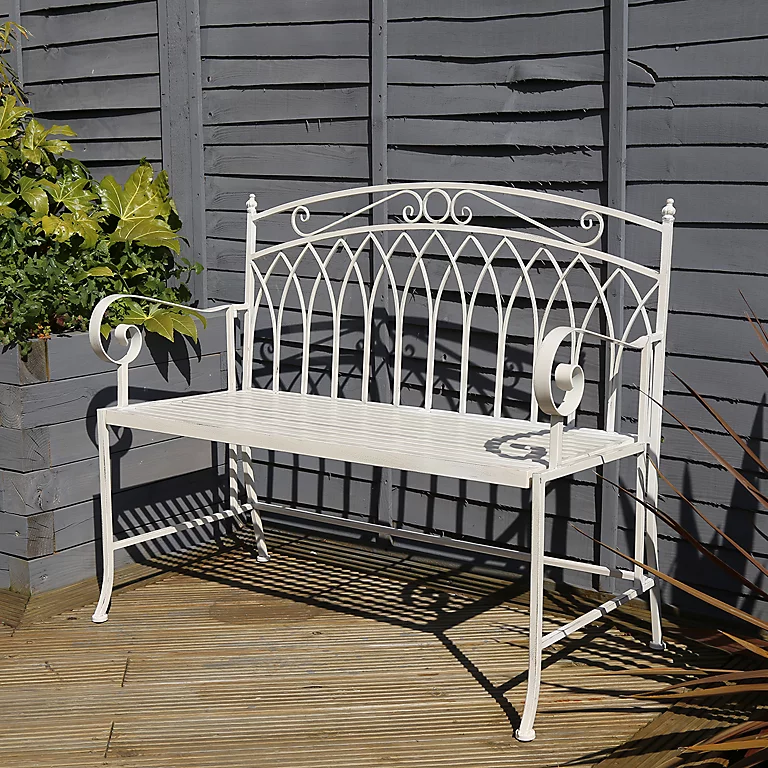 Charles Bentley Wrought Iron Feminine Bench - Antique White