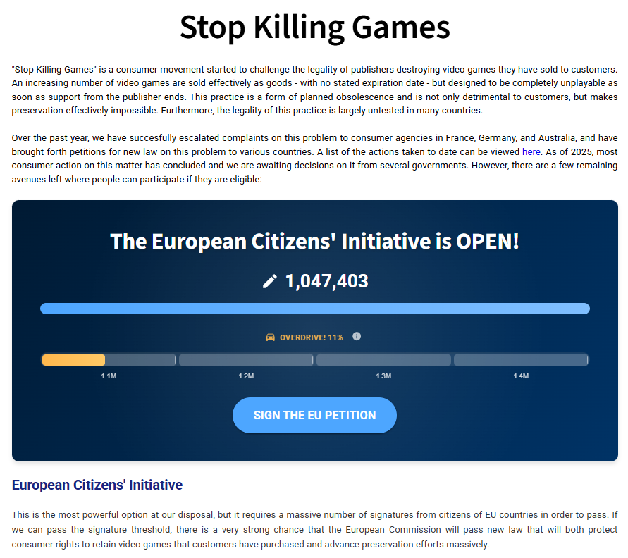 Screenshot of the Stop Killing Games website showing the European Citizens' Initiative campaign. The page highlights the goal of passing legislation through the European Commission and describes the movement as a challenge to planned obsolescence in digital gaming.